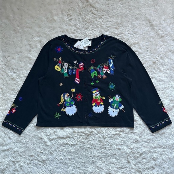 Michael Simon Light Cardigan Ugly Christmas Sweater Snowmen Black XL NWT New - Picture 2 of 12
